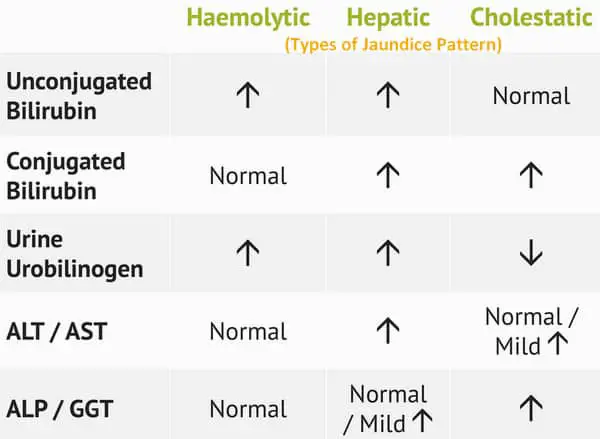 hemolytic hepatic and cholestatic jaundice LFT (liver function tests)pattern