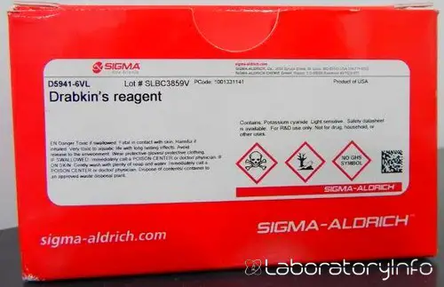 Figure shows the backside of Drabkins reagent packaging that includes all the warnings
